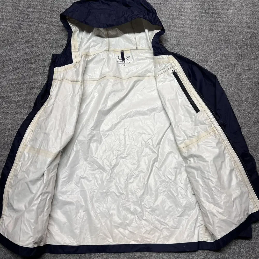 Vineyard Vines Jacket Boys Large 16 Blue Hooded Waterproof Nylon Rain Coat